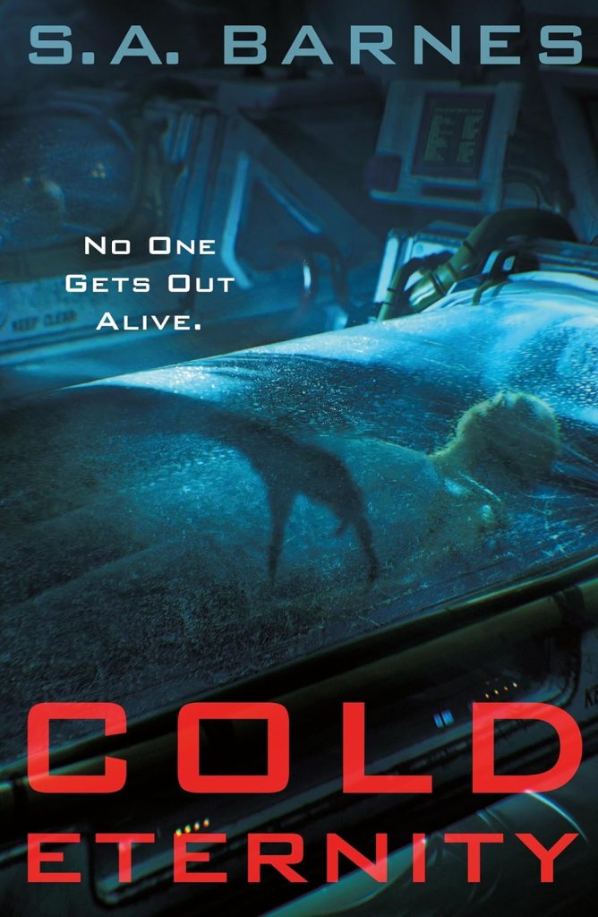The book cover shows a body frozen in a space capsule with what looks like a clawed hand extending across the top of the capsule.