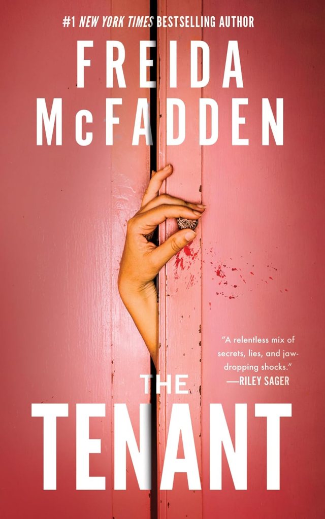 The book cover depicts a hand reaching through the crack in a door to turn the doorknob; the area surrounding it has several bloodstains.