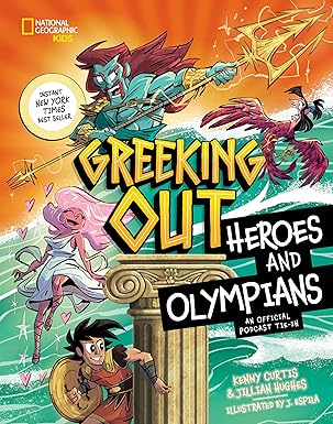 The book cover depicts cartoon images of characters from classical Greek mythology, including Poseidon, Aphrodite, Perseus, and a harpy.
