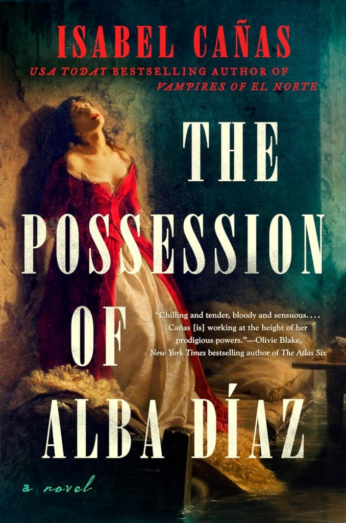 The book cover depicts a woman standing on a bed and leaning against a wall, with her eyes closed and face upturned towards the ceiling. Her lips are red and match her red dress, fastened over a white underskirt. Her long brown hair tumbles around her bare shoulders. The dress is in the style of the 1700's and the scene has a dark, Gothic feel, although she appears to be lit by natural light from a nearby window.