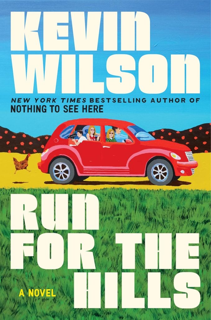 The book cover depicts the four half-siblings in the story on their road trip in a red Volkswagen bug. One of them holds a handheld video camera as he is leans out of the window and is filming a chicken who appears to be following the car.