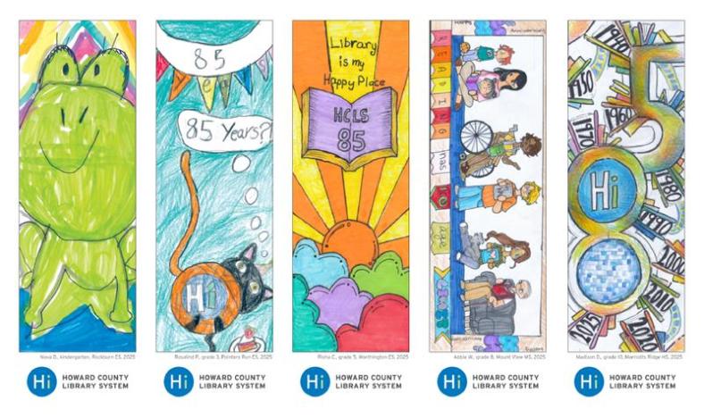 A gallery of all five winning bookmarks, an extra large frog, a cat playing with a ball of yarn, a colorful sunrise, a group of diverse people, and a disco 85 - all celebrating the Library's 85th birthday.