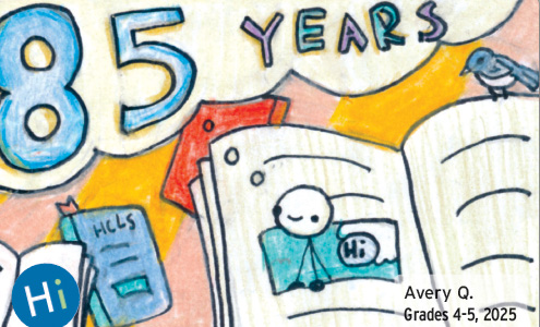 A character in a book leans out of the page to dream of 85 years, with a cute little bluebird sitting on edge of the page.
