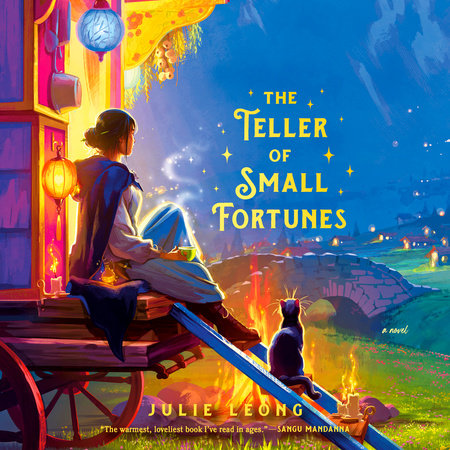 The colorful cover illustration shows a young woman sitting on the back of a caravan, with a cat at her feet, in front of a small campfire gazing out at a small town and a night sky.
